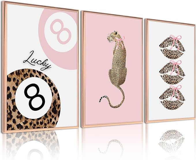 Pink Leopard Wall Art Decor Cheetah Trendy Poster Preppy Aesthetic Canvas Room Decor Pictures Coquette Y2k Wall Art 8 Ball Prints Pink Fashion Bow Artwork for Girls Bedroom 12x16x3 Inch Unframed