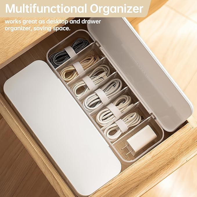 PAVSTINE 2 Pcs Cable Organizer Storage Box with 14 Wire Ties,Desktop Cable Management Box with Lid,Power Cord Organizer for Office,Home,Desk Accessories Storage Stationery Supplies White
