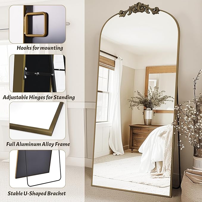 Vintage Full Length Mirror,76"x34" Arched Antique Floor Mirror with Carved Metal Frame,Large Standing Wall Mounted or Leaning Mirror for Bedroom Living Room Entryway,Bronze