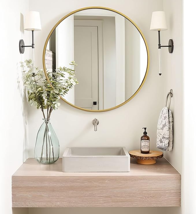 sawsile 18 Inch Round Mirror,Gold Circle Bathroom Large Metal Framed Modern Circular Wall Mirror for Bedroom, Living Room, Entryway,Restroom, Vanity,Hallyway