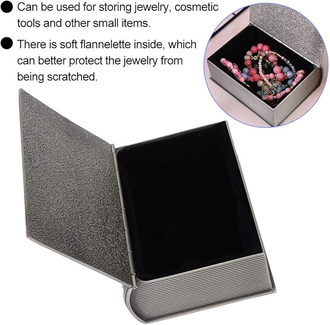 Simulation Book Shaped Jewelry Storage Box, Retro Carved Patterns Tin Alloy Decorative Organizer, Cosmetic Tools Organizer with Soft Flannelette Inside, Ideal for Necklace & Home