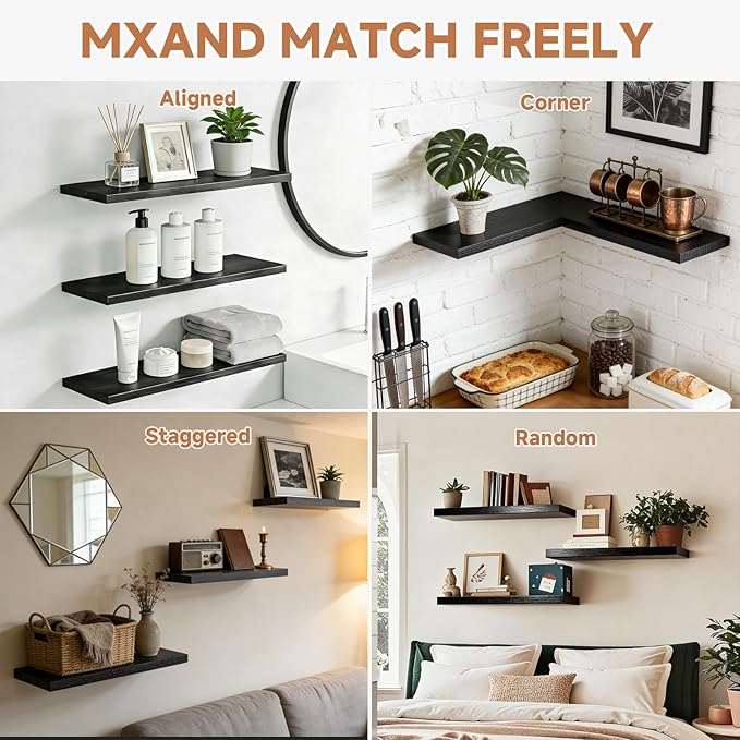 Assembly Easy Floating Shelves Set of 3,24 Inch Wall Mounted Wooden Shelf, Rustic Hanging Shelves for Home Decor, Books and Storage, Organizer for Bedroom,Small Bathroom,Kitchen,Black