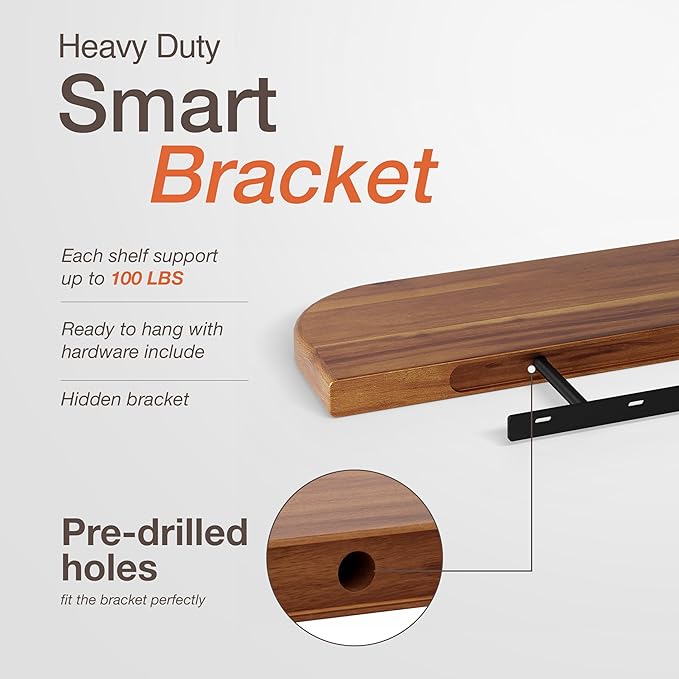 BATODA 24" Acacia Wood Floating Shelves Wall Mounted (Round Edge) – Rustic Farmhouse Wooden Wall Storage Shelf for Bedroom, Kitchen - Brackets and Shelving Hardware Included (Acacia,24 Inch Length)