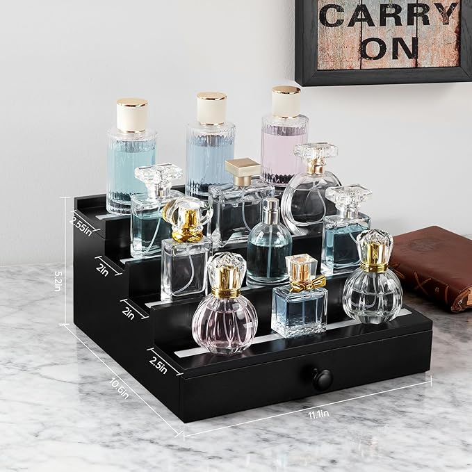LED-Lighted Cologne Organizer for Men: Multi Lighting Modes Perfume Organizer with APP & Remote Control,4 Tier Wood Perfume Stand with Drawer and Hidden Compartment,Display Riser Shelf-Gift for Men