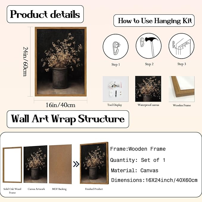 Framed Vintage Floral Wall Art, Rustic Dark Moody Flower Paintings Wall Decor, Retro Farmhouse Botanical Pictures Canvas Prints Neutral Aesthetic Home Decor for Living Room Bedroom 16x24inch