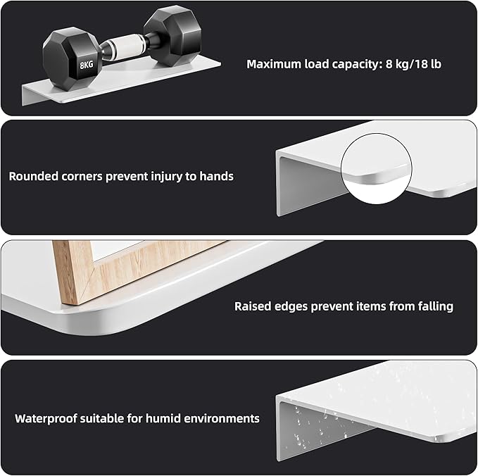 HNVNER 2-Piece Glossy White Metal Floating Shelves - Aluminum Alloy Wall Mounted Shelf No Drilling, Rust-Proof, 15.7" Width for Home Decor & Storage in Living Room, Bedroom, Bathroom