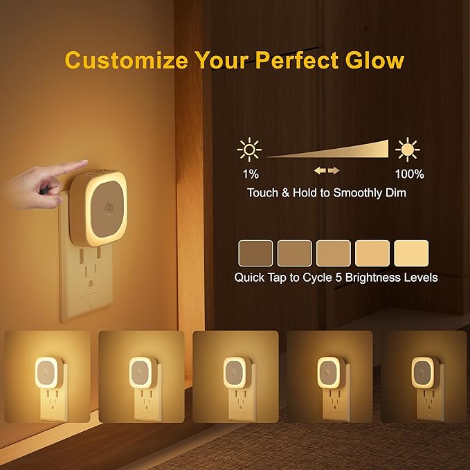 YUNLEX 2 Pack Plug in Night Light with Motion Sensor & Dusk to Dawn Sensor, 3 Sensor Modes, Dimmable Night Lights Plug into Wall, Warm White Nightlight for Kids, Bathroom, Bedroom, Kitchen, Indoor