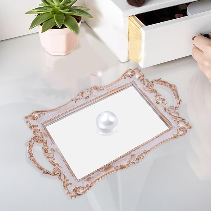 Housoutil European Vintage Gold Mirror Vanity Tray Jewelry Dish Perfume Display Organizer Plastic Makeup Storage Holder for Bedroom and Dressing Table