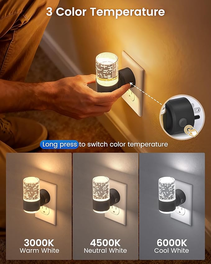 NIORSUN Night Light Plug into Wall, Dimmable Nights Lights with 3 CCT & 5 Brightness Levels, Slim Acrylic Plug in Night Light, Auto Dusk to Dawn Sensor for Stairs, Hallway, Bathroom, Black, 4 Pack