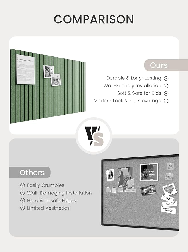 Bumusty Large Cork Board Alternative-36 x 24" Felt Bulletin Board Tiles, with 30 Pushpins, 40 Adhesive Tabs, Fine-Stripe 6-Pack, Cork Boards for Office Push Pin Board Felt Board-Moss Green