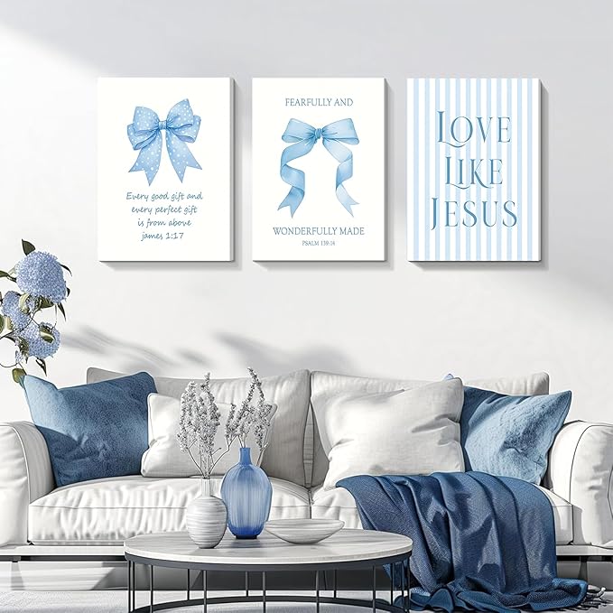 Dytila 3 Piece Blue Bows Wall Art for Girls Room, Bible Verse Pictures Bathroom Decor, Coquette Wall Artwork, Cute Teen Bedroom Decoration, Dorm Decor for College, College Gifts for Girls 12x16 Inch