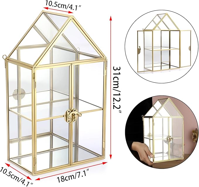 ELLDOO 2 Tier Clear Glass Storage Box, Gold Mirrored Jewelry Makeup Display Organizer Case, Decorative Tower box Storage for Trinket Perfume Lipstick Figure Statue Toy Display, House Shape