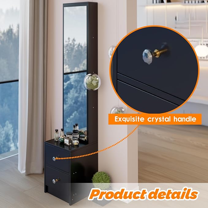 anwickjeff Full-Length Mirror with Storage, Standing Nightstand Mirror Cabinet with 2 Drawers & 4 Shelves, Makeup Storage Organizer, Gift for Women Girls (Black)
