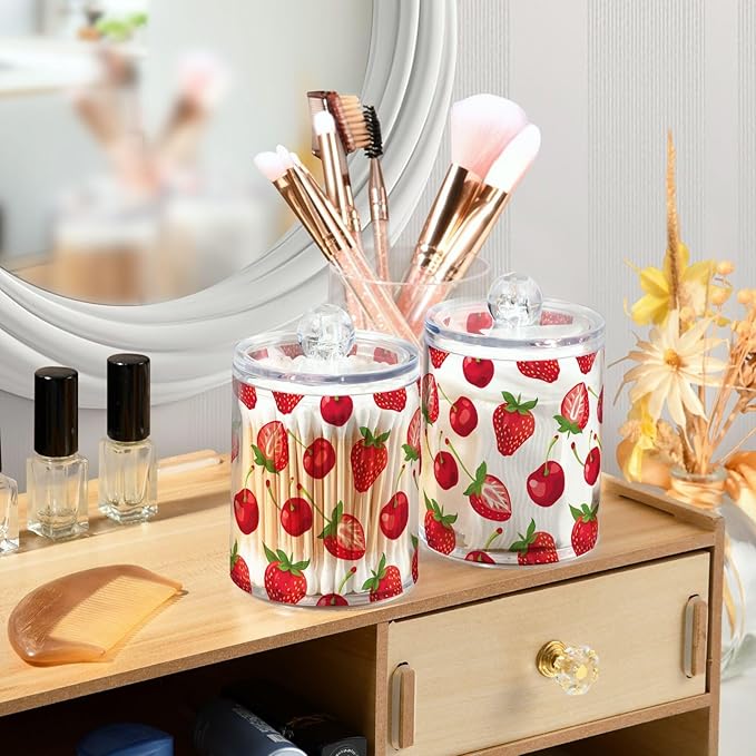 4 Pack Qtip Holder Dispenser Strawberry Cherry Red Cotton Ball Swab Round Pads Floss Clear Bathroom Storage Containers Plastic Apothecary Jars with Lids