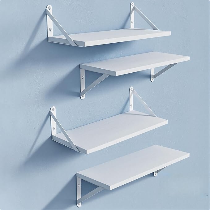 COCOYA Wall Shelves 7.3" Deep Set of 4, Solid Paulownia Wood Wider Longer Sturdy Easy to Install Wall Mounted Bookshelves Storage Shelves Bathroom Home Office Laundry Room Bedroom Organizer White