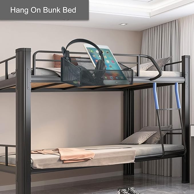 Bedside Caddy Hanging Storage Basket Beside Shelf Metal Organizer for Collage Dorm Bunk Bed,Hospital Bed,Baby Bed - Bedroom Essentials for Magazine,Remote Control,Phone,Drinks (Black)