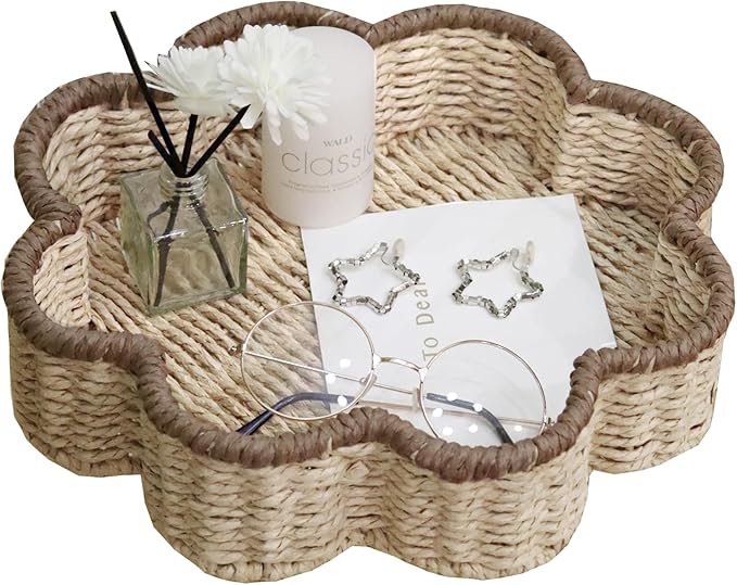 GYASVWU Paper Rope Scalloped Tray, Wicker Trays for Decor, Shallow Baskets for Storage, Rattan Tray for Coffee Table/Living Room/Bedroom Organization (Beige+Brown)