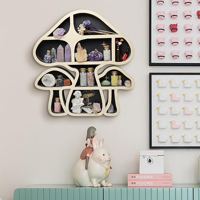 Wooden Mushroom Floating Shelves, Crystal Display Shelf for Wall, Cute Mushroom Wall Decor, Rock Gem Stone Storage Organizer, Essential Oil Holder Hanging Case, Meditation Art Spiritual Gift