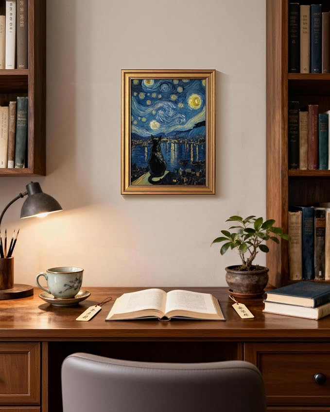 HUARCEY Gold Framed Canvas Wall Art, Van Gogh Cat Vintage Decor, Bathroom Shelf Vintage Decor Aesthetic, Retro Decoration for Bathroom Bedroom Living Room, 12x16Inch