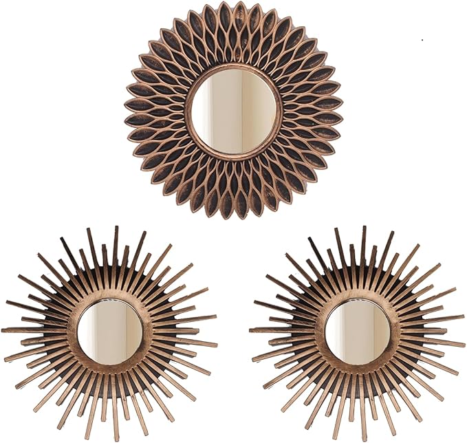 Retor OLD Gold Mirrors for Wall Pack of 3. Round. More Contemporary Sense.Rays of Light and Annual Ring Shape.Glass Decorative Wall Mirrors for Decor Home Decor.Plastic Frames.Old Sun Gold Color.