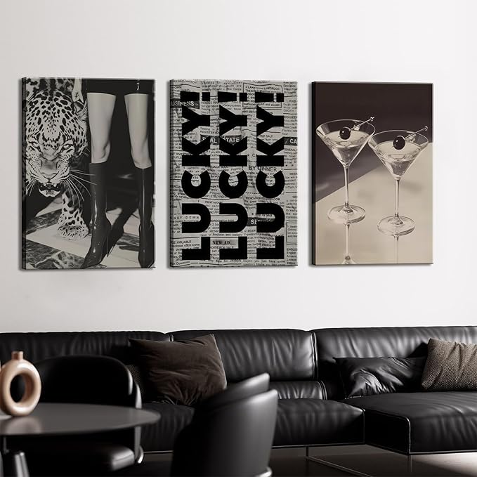 Trendy Leopard Canvas Wall Art Fashion Cheetah Lucky Martini Wall Decor Pictures Funky Vintage Preppy Luxury Aesthetic Posters Prints for Girly Bedroom Apartment Dorm Decoration 12x16in