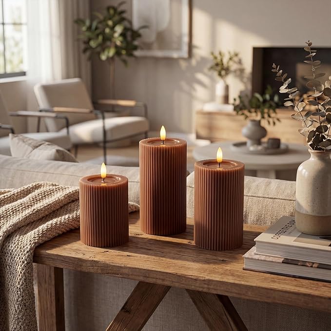 Fluted Ribbed LED Pillar Candles, Brown, with Reflective Melted-Wax Effect – Flickering Flame, Remote, Dimmable, Flameless, Battery Operated, Home & Wedding Decor (Set of 3)