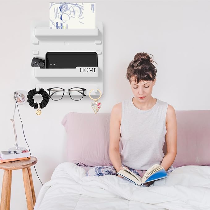 Bedside Wall Mount Organizer,Bedside Wall Shelf Accessories Floating Shelves Stick On for Bedroom Storage Organization,Aesthetic Room Dorm Decor for Girls,Cute Stuff for Teens,5 Hooks-White