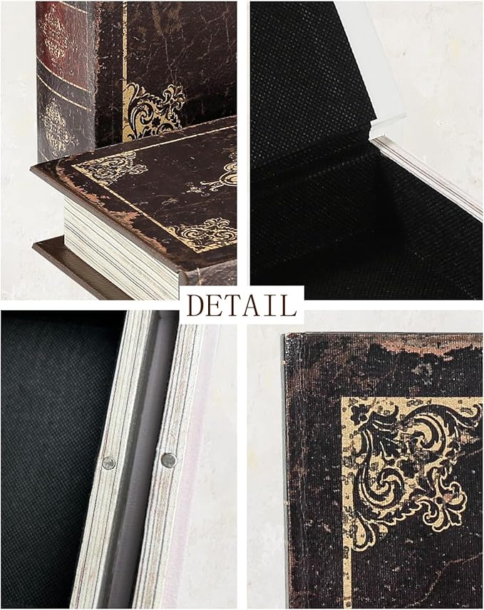 Wooden Book Box Set of 3 with Magnetic Closure and Vintage Leather Cover Design, Non-Woven Fabric Interior, Decorative Secret Storage for Bookshelves and Home Office
