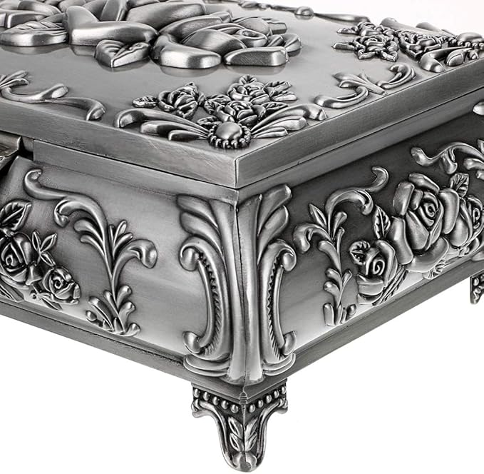 Hipiwe Vintage Metal Jewelry Box Small Trinket Jewelry Storage box For Rings Earrings Necklace Treasure Chest Organizer Antique jewelry Keepsake gift Box Case for Women (Large)