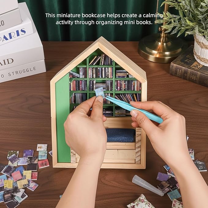 Anxiety Bookshelf with 300Pcs Mini Books & Light, Mini Bookshelf for Stress Relief, DIY Miniature Library Book Shelf, Tiny Bookstore Desk Organizer Decor for Home Office, Gifts for Family & Friend
