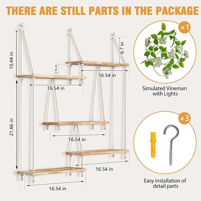 5 Tier Hanging Wall Shelves, Boho Rope Hanging Plant Stand with LED Vine Lights, Rustic Wood Floating Shelves Organizer for Bedroom Kitchen Living Room Wall Decor (Five-Tier Rope Rack)