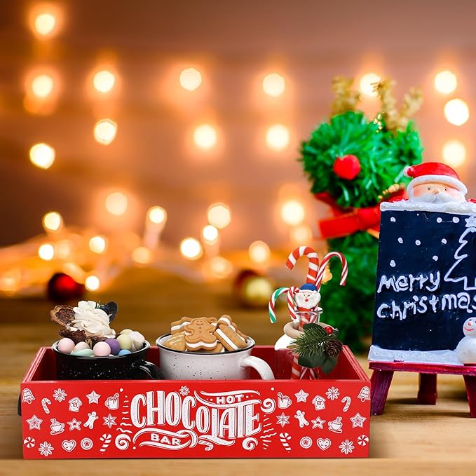 Soaoo Christmas Hot Cocoa Bar Wood Storage Box Cocoa Decorative Organizer Christmas Basket Organizer Bins Xmas Open Holder Box for Home Kitchen Office Holiday Gift(Red, White,Cane)
