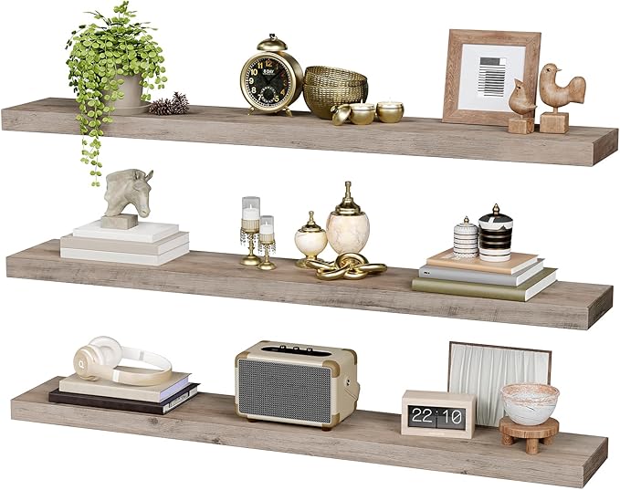 RALGEND Floating Shelves for Wall, 1.5" Thick Wall Shelf Set of 3 with Invisible Brackets, L47.2 x W7.9 Hanging Book Shelves Farmhouse Home Decor for Bathroom, Living Room, Bedroom, Greige 12301BJP3BG