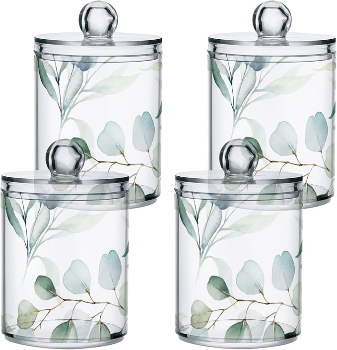 4 Pack Qtip Holder Dispenser Watercolor Green Eucalyptus Leaves Cotton Ball Cotton Swab Round Pads Floss Clear Bathroom Storage Containers Plastic Apothecary Jars with Lids
