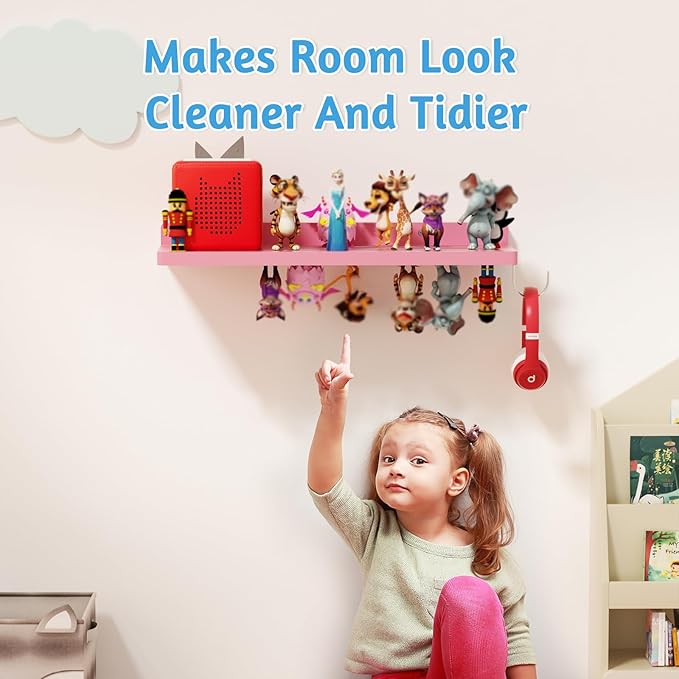 for Tonies Shelf Magnetic - Tonies Figure Organizer for Kids Room, Wooden Magnetic Display Shelf for Tonies Box Holder, Wall Floating Shelves Toy Storage Compatible Charging Station(1 Tier, Pink)