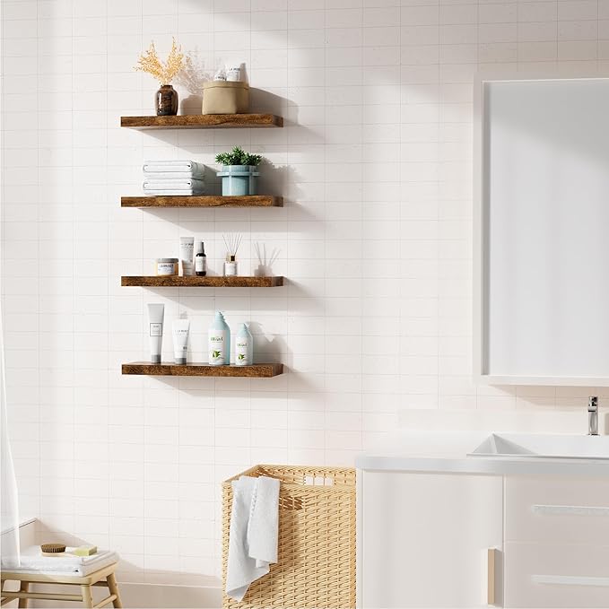 Bellsal Floating Shelves for Wall, Rustic Brown Wood Wall Shelf Set of 4, 16" Walls Mounted Floating Shelf for Kitchen, Living Room, Bedroom, Bathroom Storage, Book Shelf for Walls Home Decor