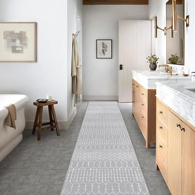Lahome Moroccan Washable Rug Runner 2x10 Non-Slip Runner Rug for Kitchen Stain Resistant Grey Carpet Runners for Hallway 10Ft, Modern Geometric Print Soft Floor Carpet for Bathroom Entryway Foyer Hana