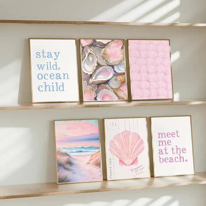 6Pcs Pink Beach Preppy Wall Art Prints Coastal Granddaughter Aesthetic Wall Decor Pictures Summer Oyster Shell Meet Me At The Beach Posters for Girly Bedroom Dorm Apartment Home Decoration 8x10in