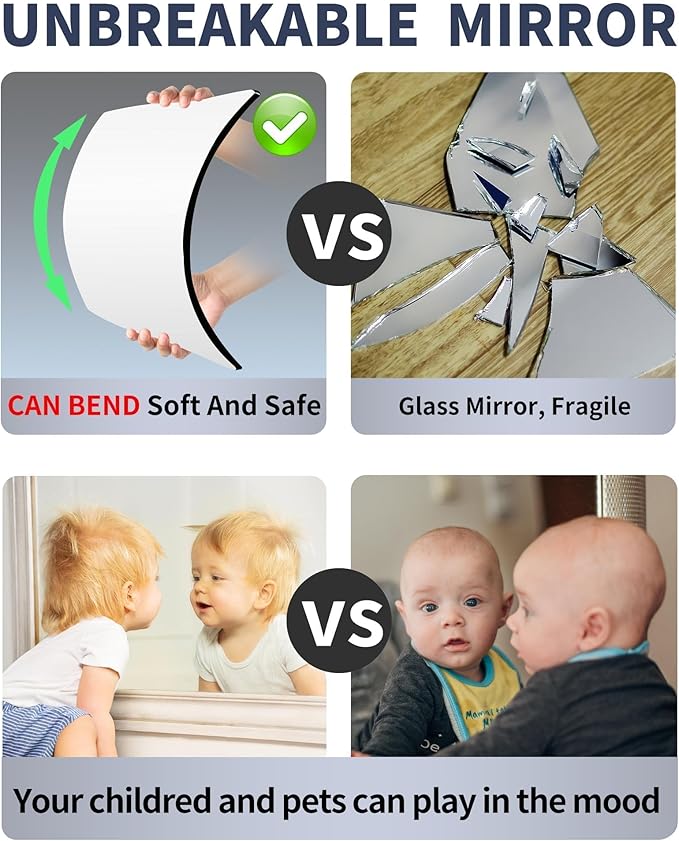 Unbreakable Door Mirror Full Length, Full Body Mirror for Kids, 4Pack 8 x8 in, Shatterproof Plexiglass Long Mirrors for Bedroom Closet, Children Plastic Mirrors Non Glass Stick on miroir