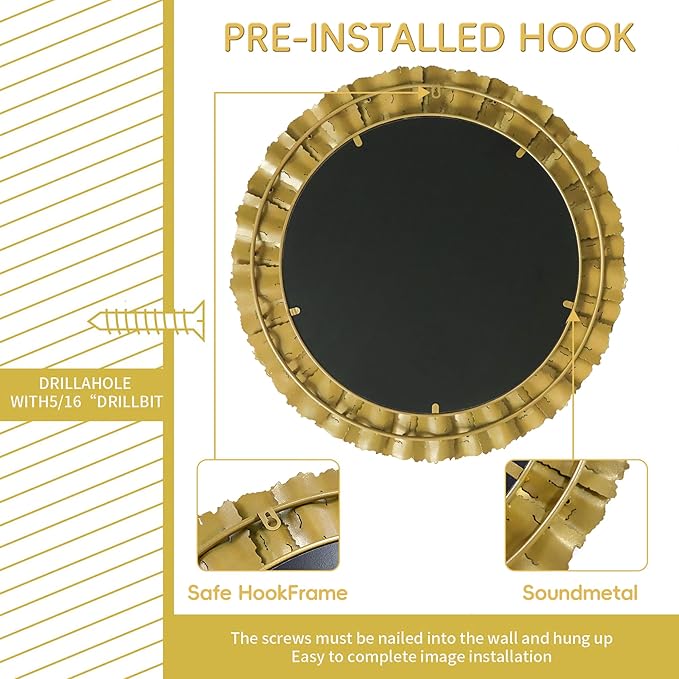 30 Inch Decorative Wall Mirror, Gold Mirrors for Wall Decor, Round Metal Wall Art Mirror, Large Wall Mirrors for Living Room,Bedroom, Bathroom, Entryway