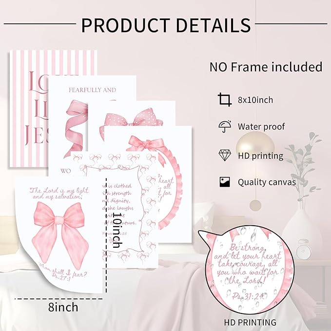 3 Piece Pink Bows Wall Art for Girls Room, Bible Verse Pictures Bathroom Decor, Coquette Posters Prints, Cute Teen Room Decoration, Dorm Decor for College, College Gifts for Girls 8x10 Inch