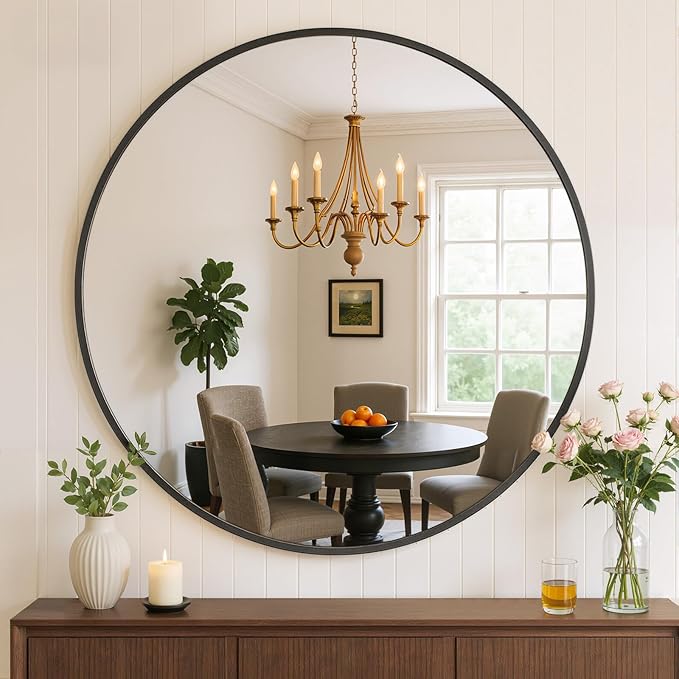 Bathroom Mirror for Wall, 20 Inch Round Mirror, Matte Black Metal Framed Circle Vanity Mirror for Bathroom Bedroom Living Room Entryway, Anti-Rust, Tempered Glass, Hanging or Leaning