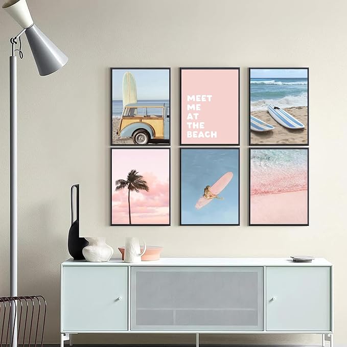 6Pcs Pastel Beach Wall Art Prints Pink Blue Coastal Granddaughter Wall Decor Pictures Summer Beachy Palm Trees Aesthetic Posters for Girly Bedroom Dorm Apartment Home Decoration Unframed 12x16in