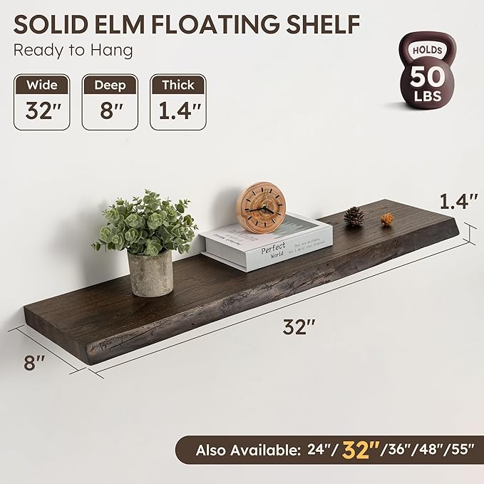 Floating Shelves Set of 2, Solid Elm Wood Wall Shelves 32 Inch - Invisible Bracket Mount for Living Room, Bedroom, Kitchen, Bathroom - Natural