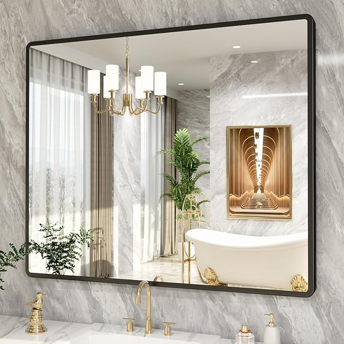pertetey New Upgrade Bathroom Mirror, 48X40 Inch Black Metal Frame Wall Mounted Rounded Rectangle Bathroom Vanity Mirror with Tempered Glass for Washroom Bedroom Living Room