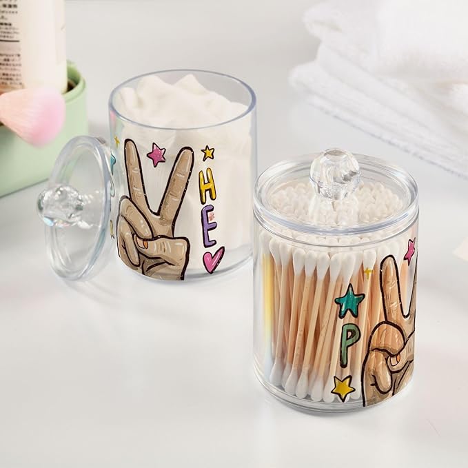 2 Pack Apothecary Jars Peace Love Yard Bathroom Vanity Storage Organizer Set,Small Clear Plastic Storage Jars Bathroom Canister for Cotton Swabs, Rounds, Balls, Qtips,Makeup Sponges, Flossers,B