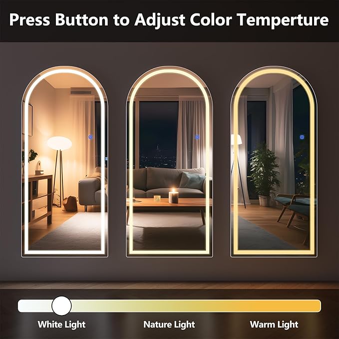 Full Length Mirror with LED Lights, LED Mirrors Full Length Floor Mirror Full Body Mirror for Bedroom Wall Mounted Free Standing (Arched, 68" L×26" W)