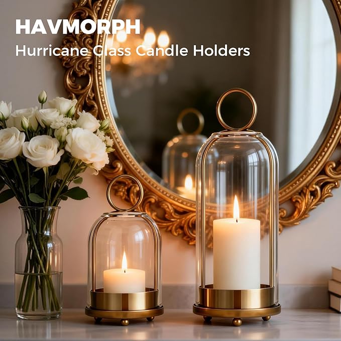 5"&4" Hurricane Glass Candle Holders, Hanging Brass Metal Candle Holder for Pillar Candles Table Coffee Table Decor Interior Decoration