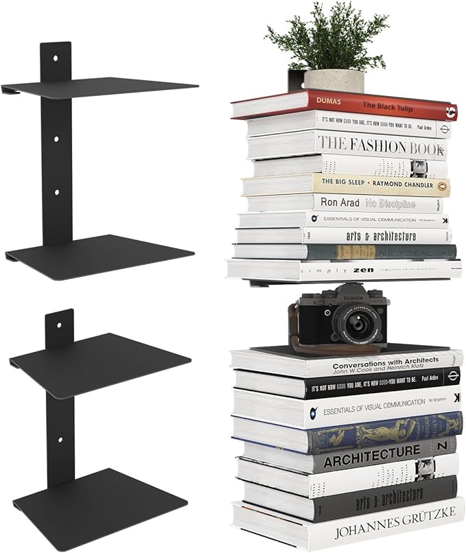 Wawocs Invisible Bookshelf for Wall, 4 Tier Floating Bookshelf Made of Heavy Duty Metal, Vertical Spine Book Tower Hanging Wall Bookshelf, Floating Book Shelves for Wall, 2 Pack Black