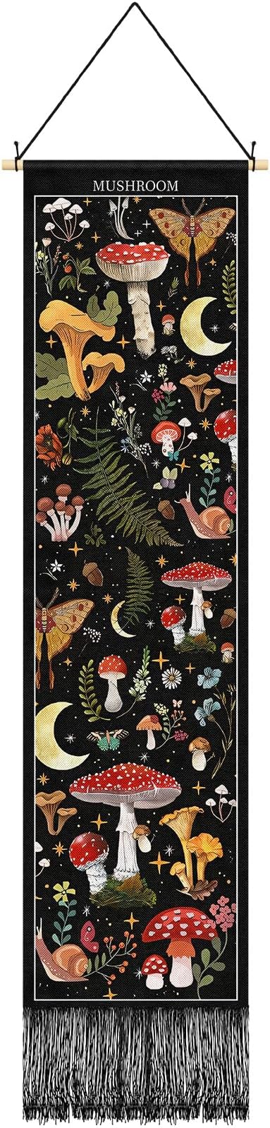 Tegeme Vintage Tapestry 52 x 13 Inch, Long Vertical Wall Hanging Reference Illustrative Botanical Tassel Tapestry for Bedroom Living Room Home Decoration(Mushroom)